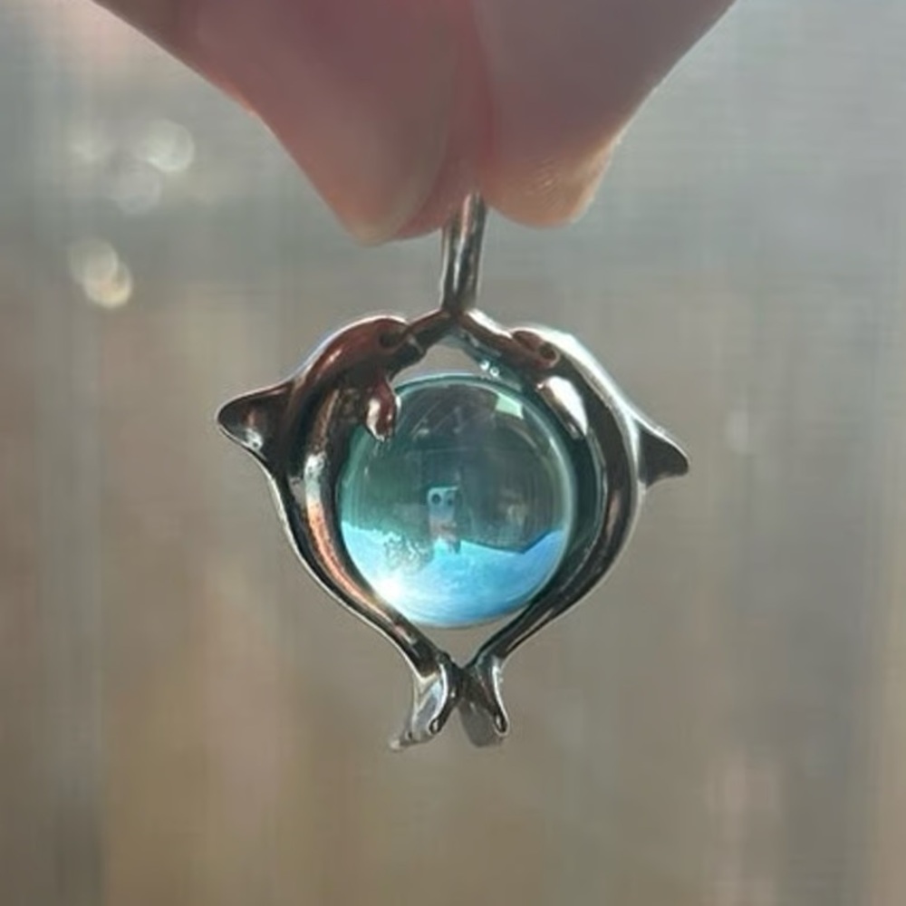Vintage Dolphin Pendant Sterling Silver Blue Earth Ocean Marble 1990s